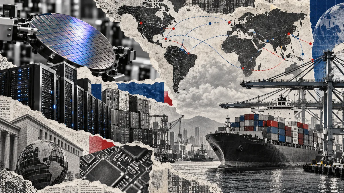 Collage conceptual sobre comercio mundial e infraestructura de inteligencia artificial