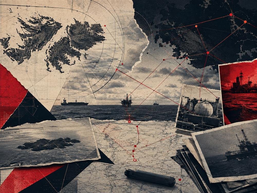 Collage de islas, mar, buques y plataformas unido por líneas rojas