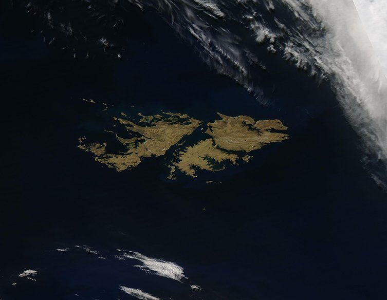 Imagen satelital real del archipiélago de Malvinas y el mar circundante, MODIS/Aqua, 20 de octubre de 2021
