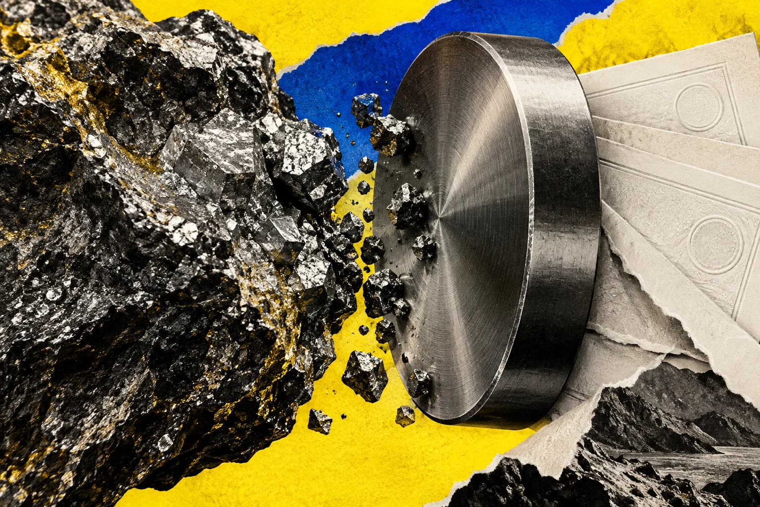 Mineral, imán industrial y papel de contrato en un collage amarillo y azul.