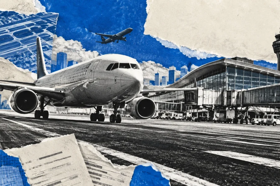 Collage conceptual generado de un avión, pista y terminal aeroportuaria, con papel rasgado y acento azul; no es una fotografía de Ezeiza.