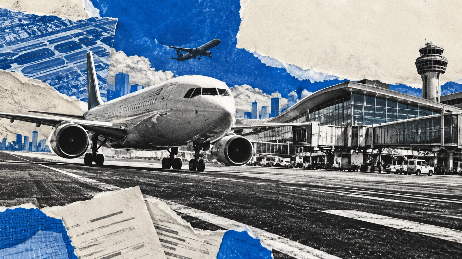 Collage conceptual generado de un avión, pista y terminal aeroportuaria, con papel rasgado y acento azul; no es una fotografía de Ezeiza.
