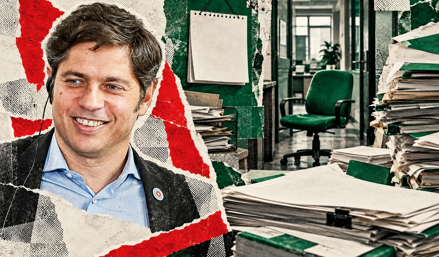 Collage editorial con retrato fotográfico de Axel Kicillof, expedientes, oficina vacía y calendario; el paro de ATE figura como convocado, no realizado.