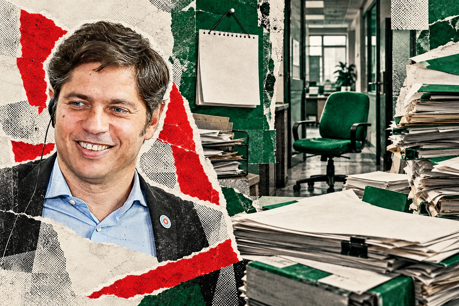 Collage editorial con retrato fotográfico de Axel Kicillof, expedientes, oficina vacía y calendario; el paro de ATE figura como convocado, no realizado.