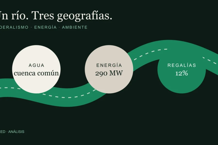Ilustración editorial con tres planos superpuestos: agua, energía y distribución fiscal.