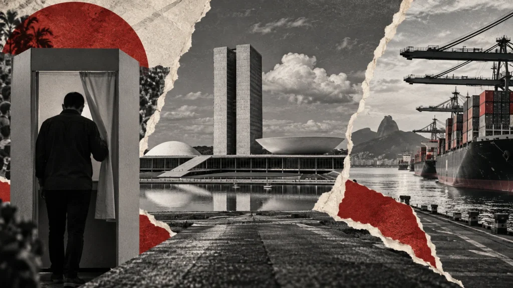 Collage conceptual original generado con IA para contracampo / brasil. Recortes sintéticos y papel rasgado; no es fotografía documental ni prueba del acontecimiento.