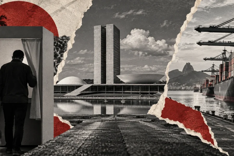 Collage conceptual original generado con IA para contracampo / brasil. Recortes sintéticos y papel rasgado; no es fotografía documental ni prueba del acontecimiento.