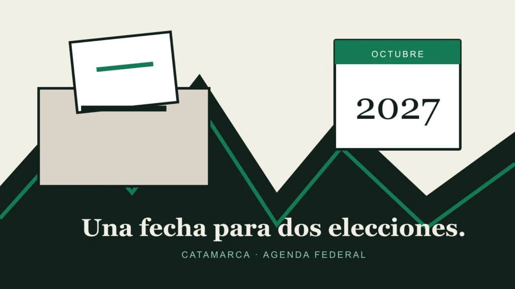 Ilustración editorial de una urna y un calendario sobre una silueta abstracta de Catamarca.