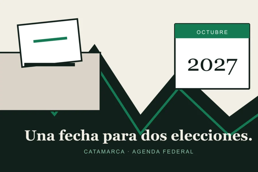 Ilustración editorial de una urna y un calendario sobre una silueta abstracta de Catamarca.