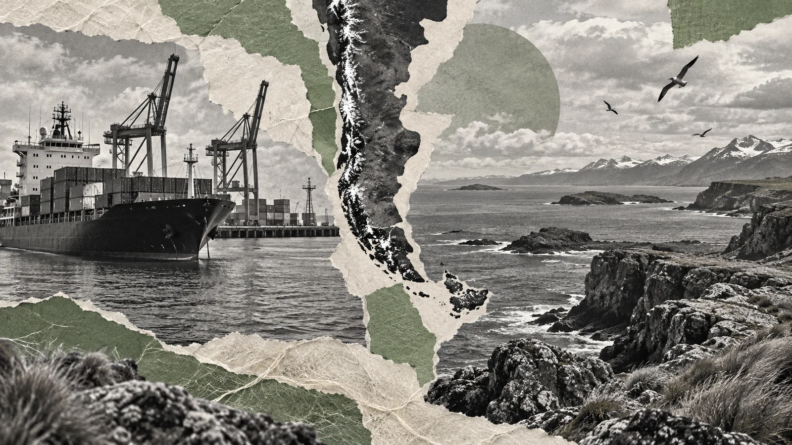 Collage conceptual original generado con IA para exterior / atlántico sur. Recortes sintéticos y papel rasgado; no es fotografía documental ni prueba del acontecimiento.