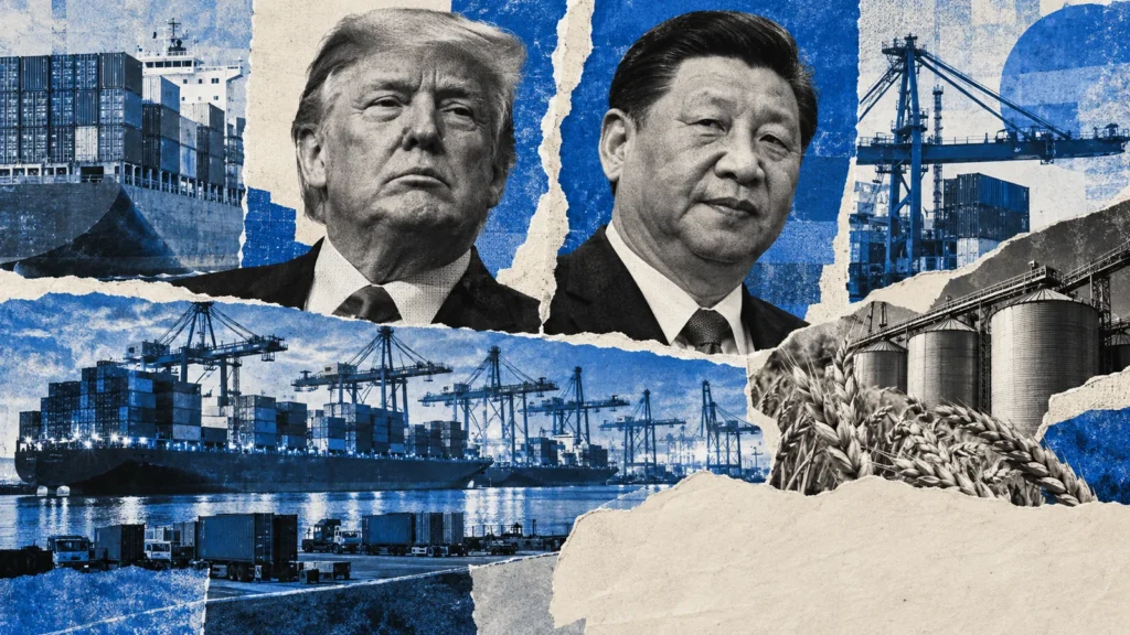 Collage conceptual generado con retratos sintéticos separados de Donald Trump y Xi Jinping, un puerto y granos; no es una fotografía de una reunión ni prueba de exportaciones argentinas.