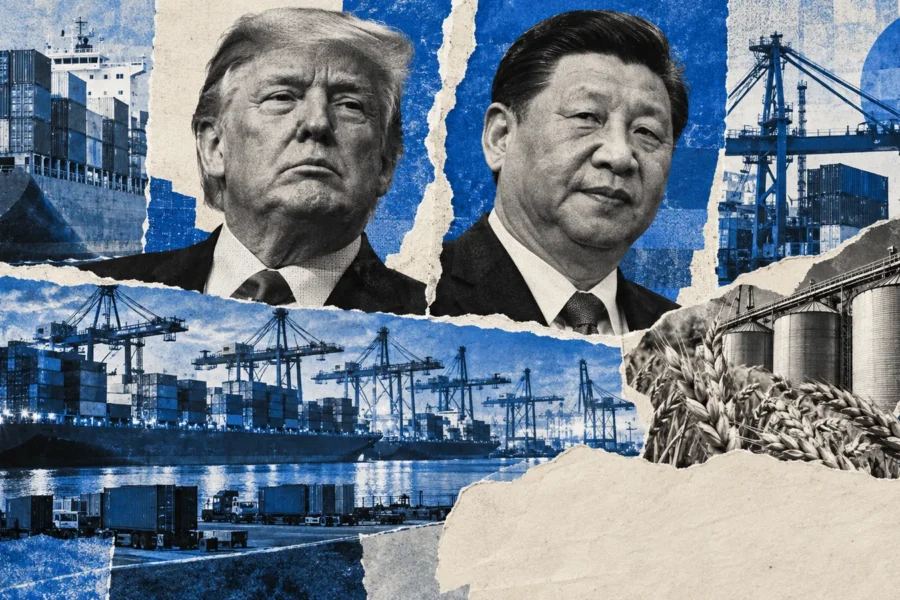 Collage conceptual generado con retratos sintéticos separados de Donald Trump y Xi Jinping, un puerto y granos; no es una fotografía de una reunión ni prueba de exportaciones argentinas.