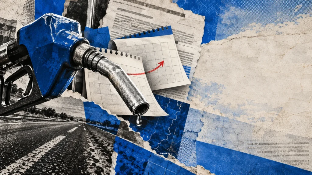 Collage conceptual de un surtidor azul, hojas de calendario y papel legal rasgado; no representa una estación real.
