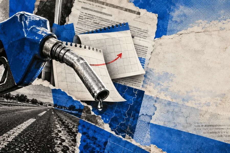 Collage conceptual de un surtidor azul, hojas de calendario y papel legal rasgado; no representa una estación real.