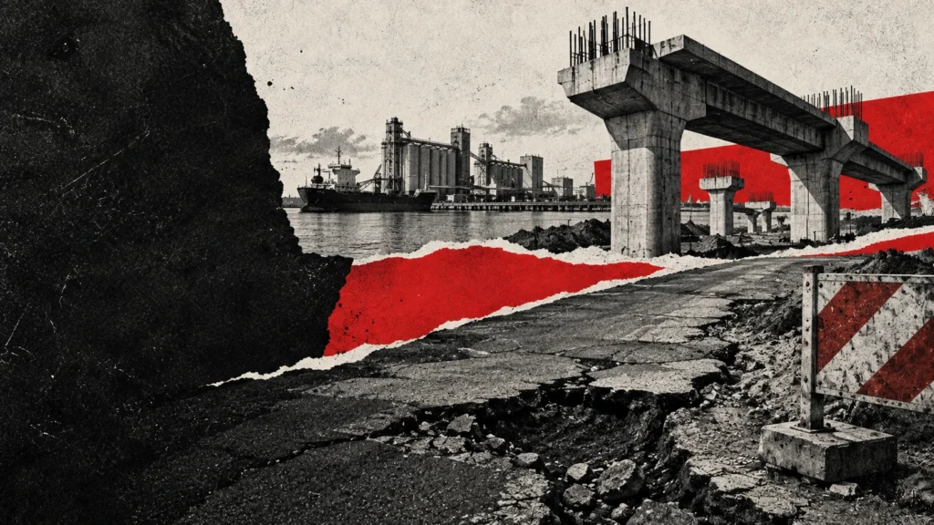 Collage editorial de una calzada, estructuras de obra y un puerto. Composición conceptual: no documenta el estado de una obra de Bahía Blanca.