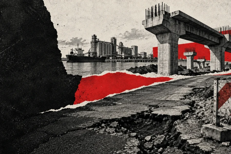 Collage editorial de una calzada, estructuras de obra y un puerto. Composición conceptual: no documenta el estado de una obra de Bahía Blanca.