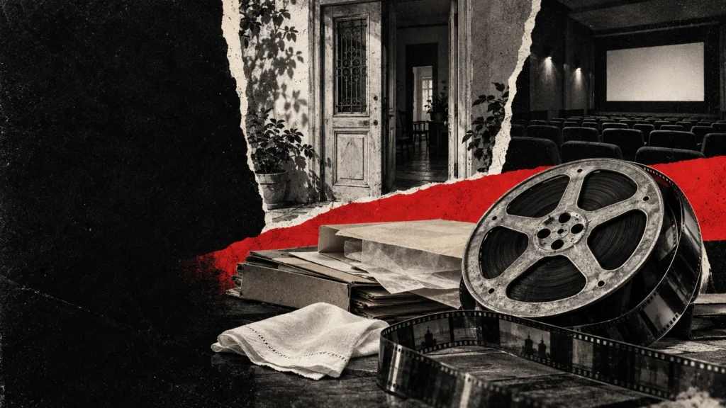 Collage editorial de un rollo de película, documentos y espacios domésticos y de cine. No representa la casa ni objetos reales de Nora Cortiñas.