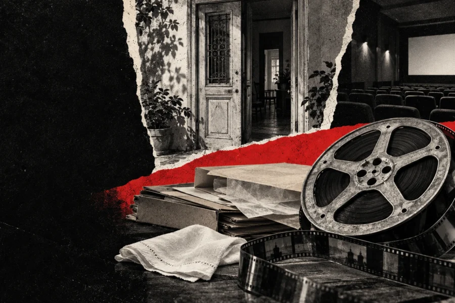 Collage editorial de un rollo de película, documentos y espacios domésticos y de cine. No representa la casa ni objetos reales de Nora Cortiñas.