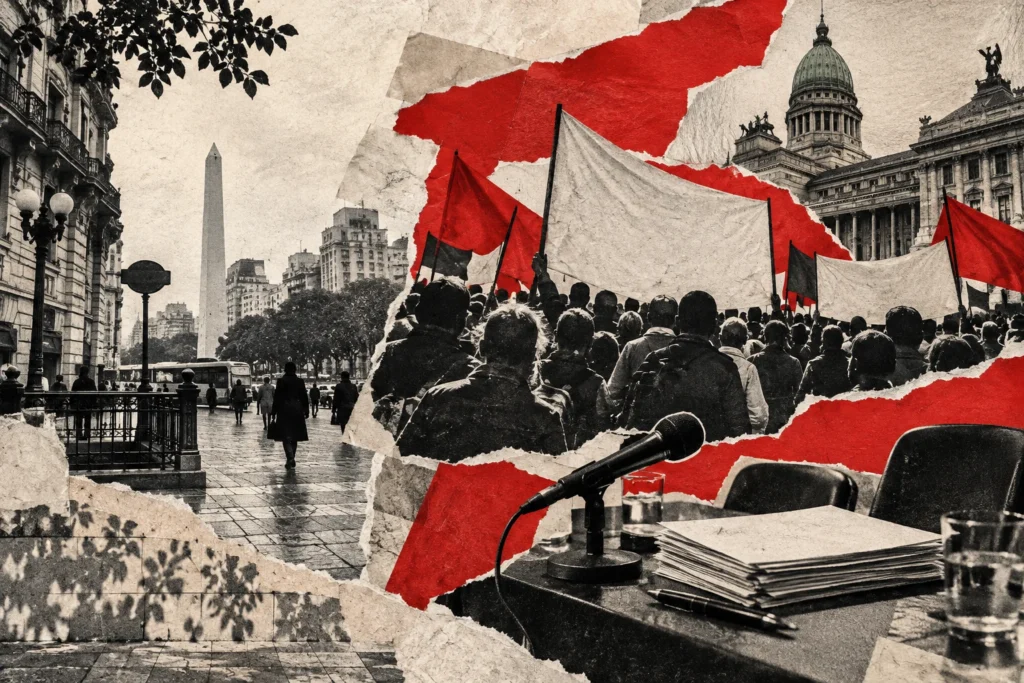 Collage conceptual original: recortes urbanos de Buenos Aires, manifestantes anónimos y una mesa con micrófono sobre papel rasgado marfil y rojo. No es fotografía documental.