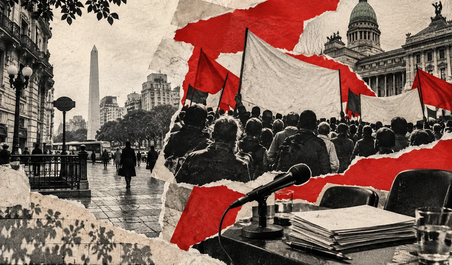 Collage conceptual original: recortes urbanos de Buenos Aires, manifestantes anónimos y una mesa con micrófono sobre papel rasgado marfil y rojo. No es fotografía documental.