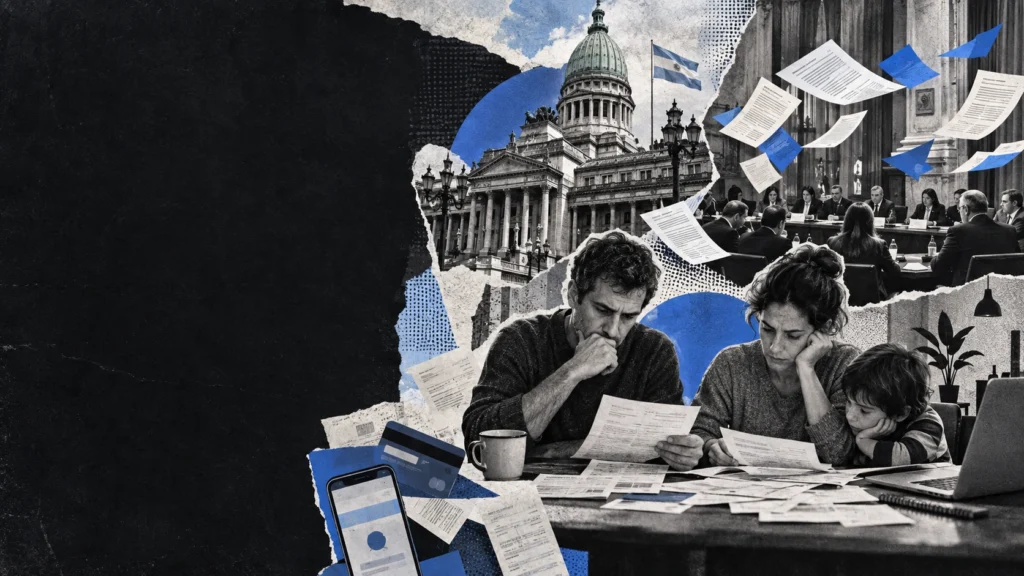 Collage editorial sobre un hogar, cuentas y una audiencia parlamentaria por el sobreendeudamiento.
