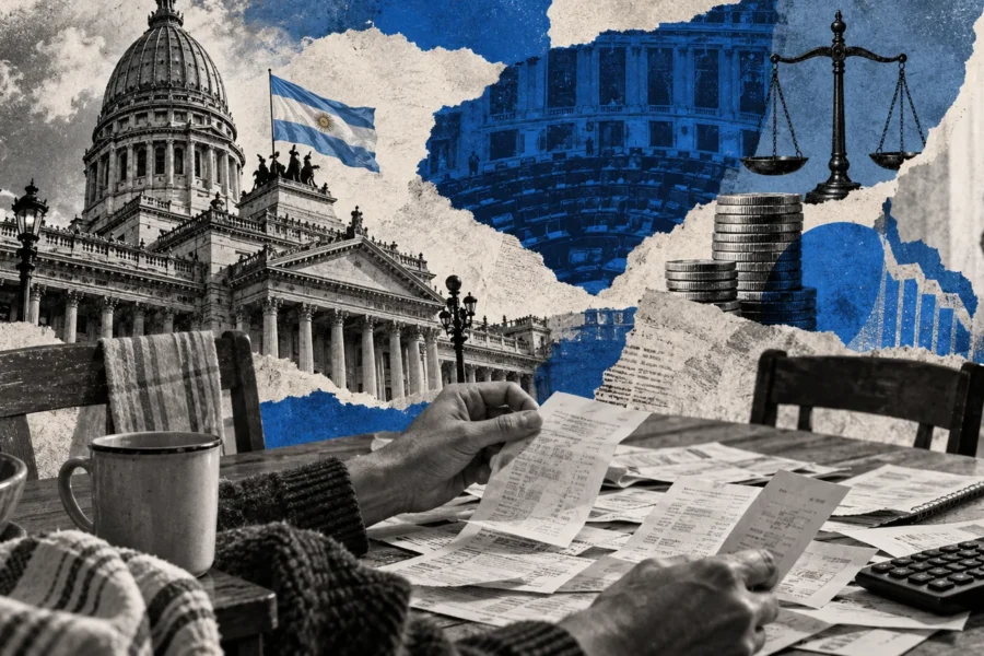 Collage conceptual original generado con IA para congreso / deuda familiar. Recortes sintéticos y papel rasgado; no es fotografía documental ni prueba del acontecimiento.