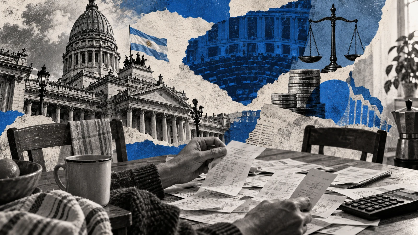 Collage conceptual original generado con IA para congreso / deuda familiar. Recortes sintéticos y papel rasgado; no es fotografía documental ni prueba del acontecimiento.