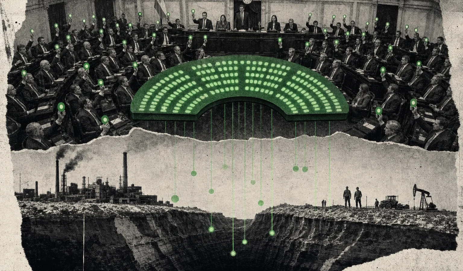 Collage conceptual sobre representación y organización política. No representa el plenario todavía pendiente.
