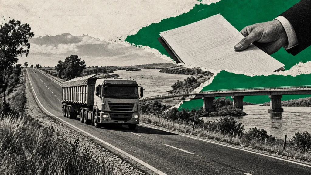 Collage conceptual original de La Red para entre ríos / rutas y financiamiento, generado con IA. No es fotografía documental ni representa una obra concluida o una reunión real.