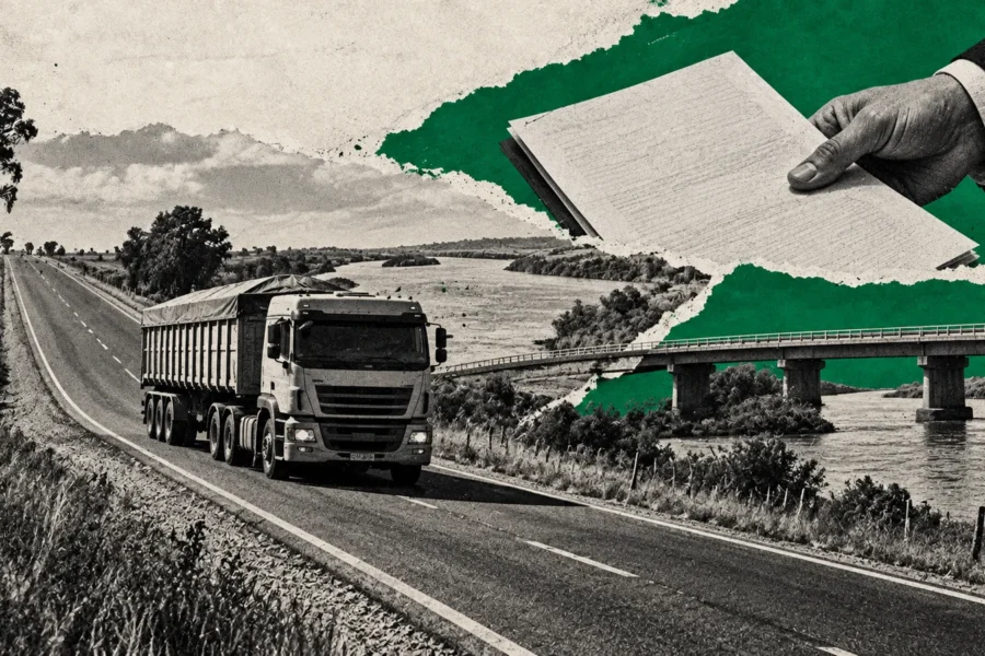 Collage conceptual original de La Red para entre ríos / rutas y financiamiento, generado con IA. No es fotografía documental ni representa una obra concluida o una reunión real.