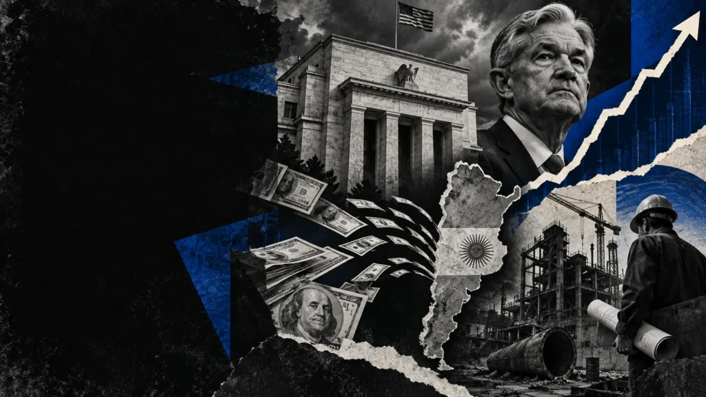 Collage editorial de La Fed subió la tasa a 3,75%–4% y elevó el piso financiero para la Argentina.