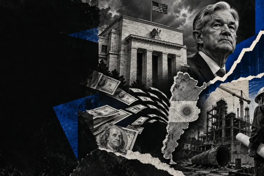 Collage editorial de La Fed subió la tasa a 3,75%–4% y elevó el piso financiero para la Argentina.