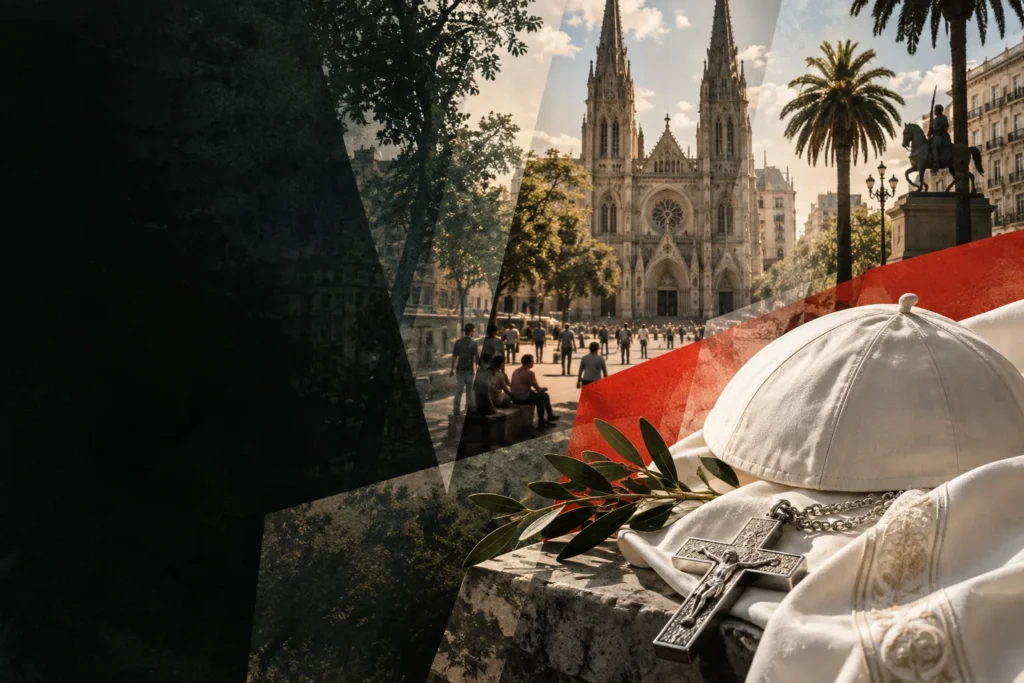 Collage editorial de archivo sobre una visita papal a la Argentina.