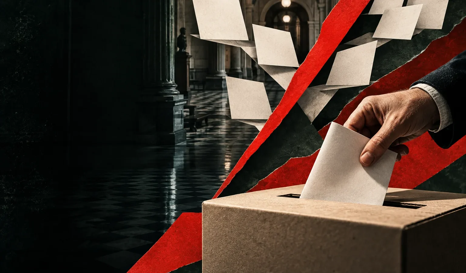 Collage editorial de archivo sobre el voto y las reglas electorales.