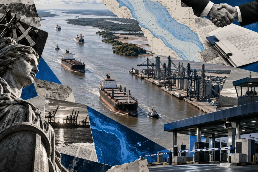 Collage editorial conceptual sobre hidrovía: empezó una concesión que definirá 25 años de comercio exterior.