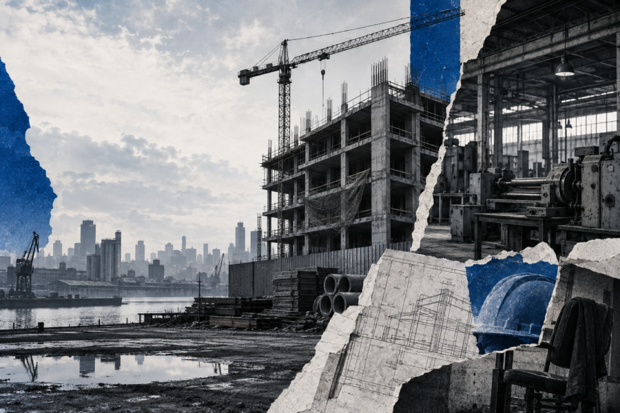 Collage editorial conceptual sobre industria y construcción cayeron en julio: dos motores que todavía no arrancan.