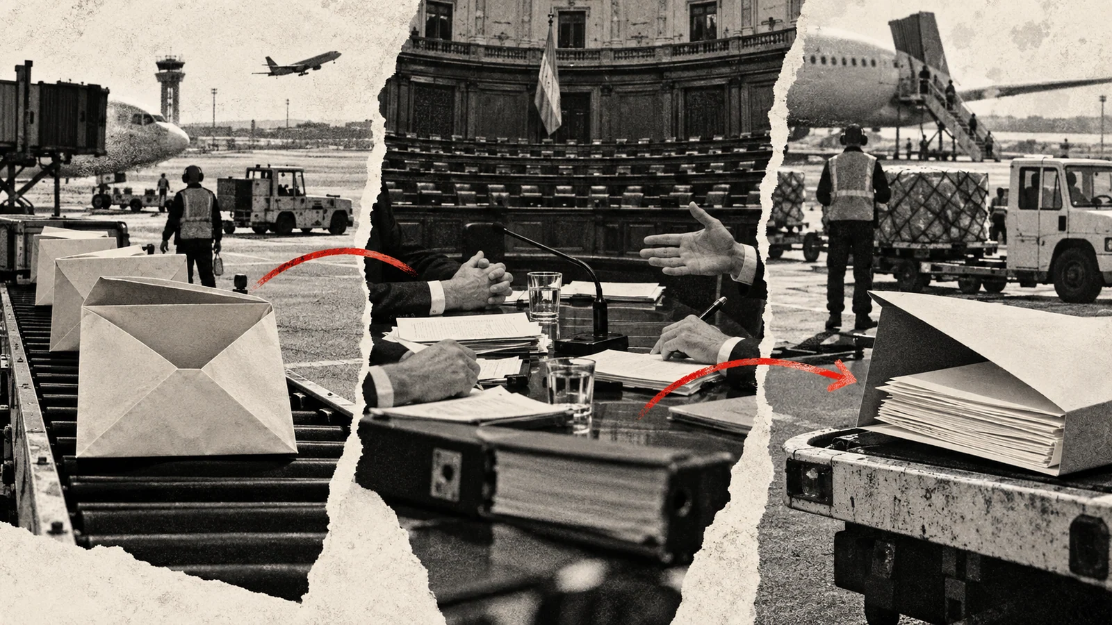Collage contextual de la licitación de Intercargo entre el aeropuerto, la comisión bicameral y una nueva convocatoria.