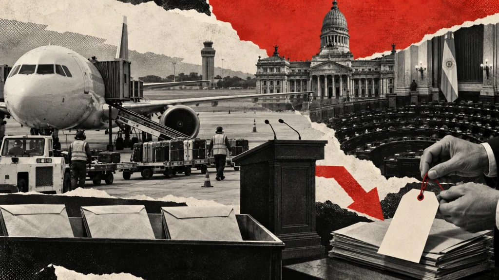 Collage editorial sobre la nueva licitación de Intercargo, las operaciones aeroportuarias y el control del Congreso.
