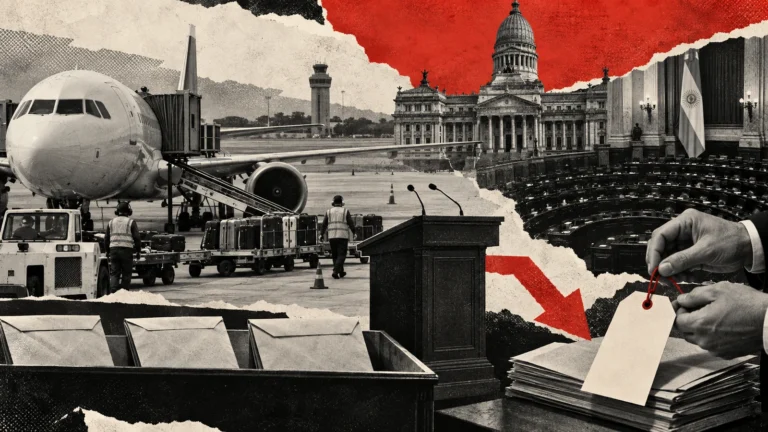 Collage editorial sobre la nueva licitación de Intercargo, las operaciones aeroportuarias y el control del Congreso.