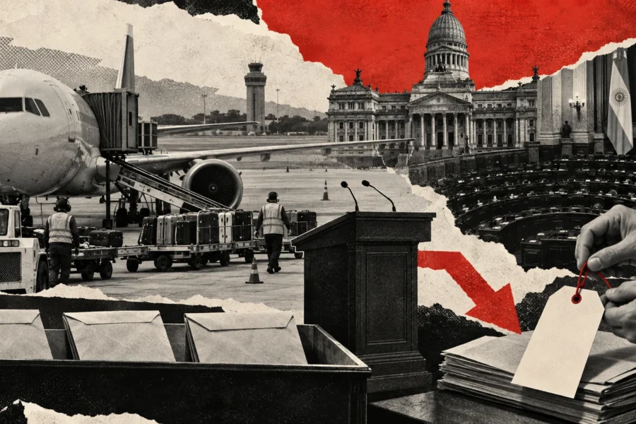 Collage editorial sobre la nueva licitación de Intercargo, las operaciones aeroportuarias y el control del Congreso.