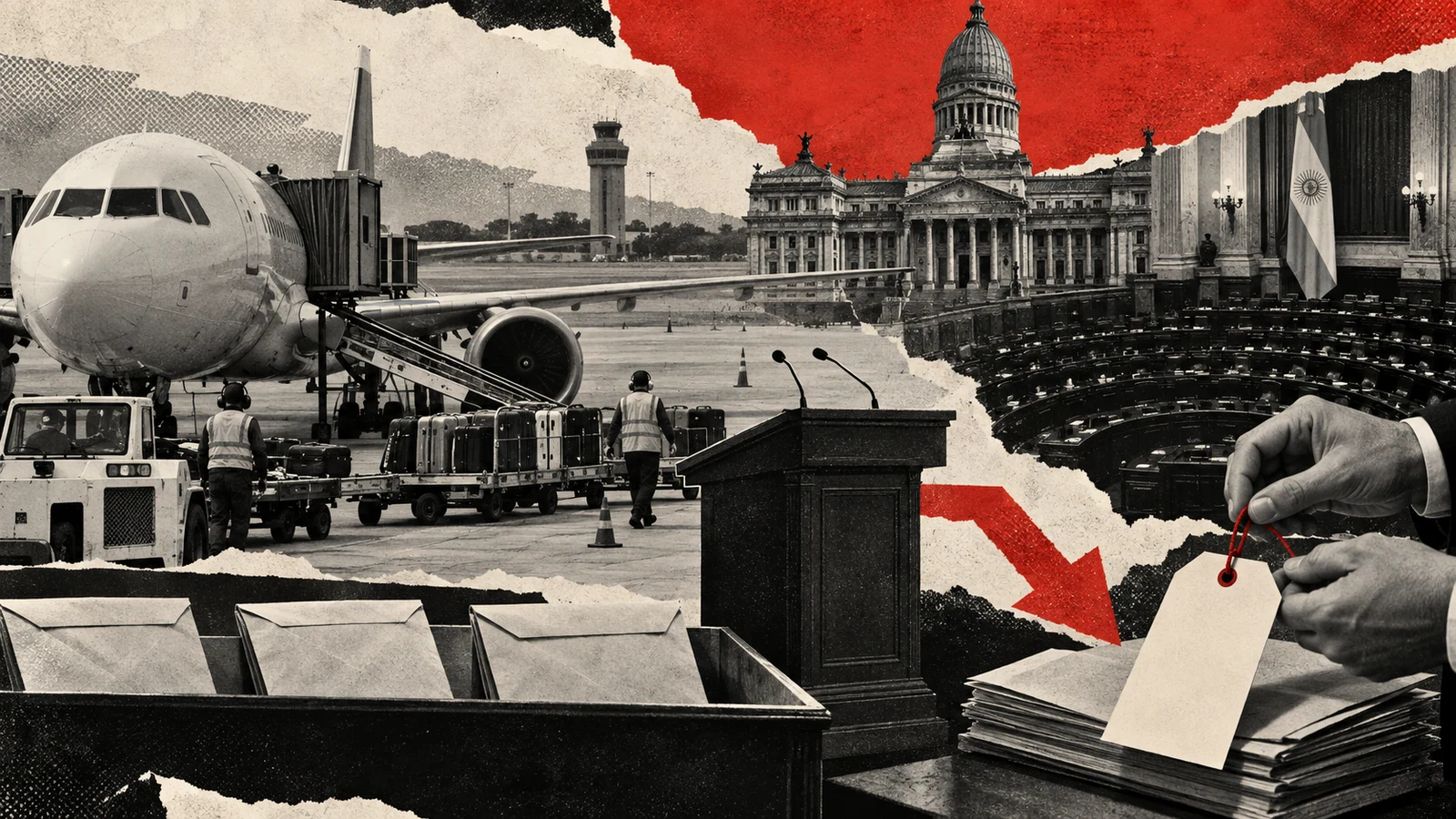 Collage editorial sobre la nueva licitación de Intercargo, las operaciones aeroportuarias y el control del Congreso.