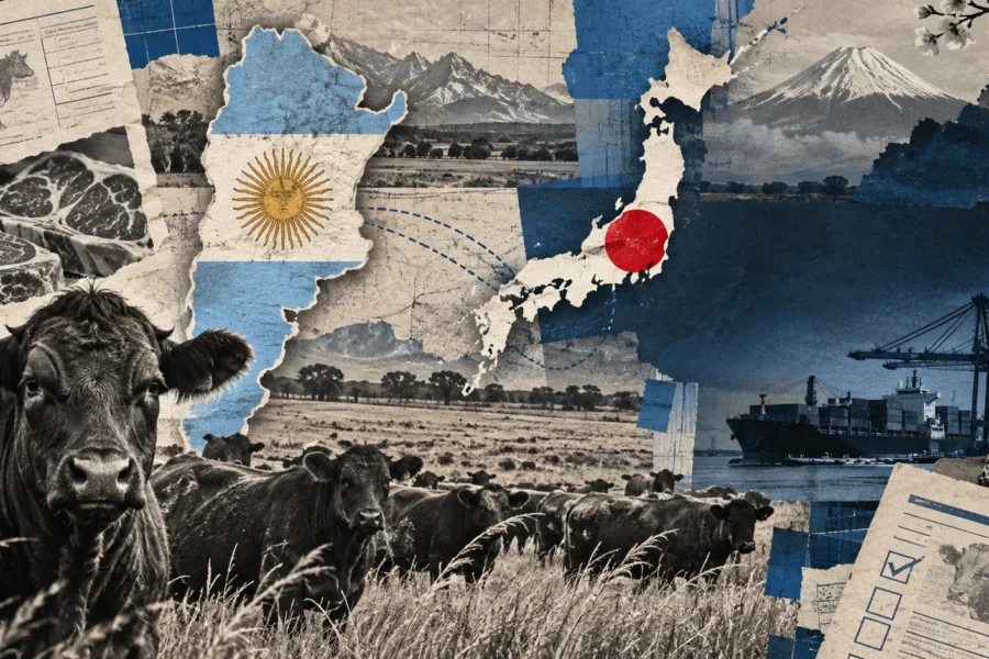 Collage conceptual de ganado, mapas de Argentina y Japón, papeles sanitarios y un puerto; no muestra un embarque real.