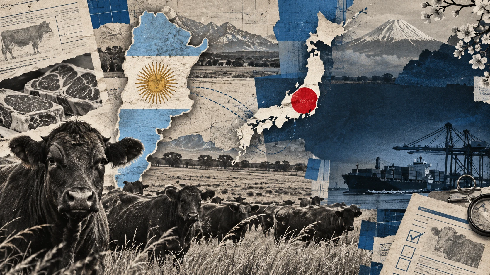 Collage conceptual de ganado, mapas de Argentina y Japón, papeles sanitarios y un puerto; no muestra un embarque real.