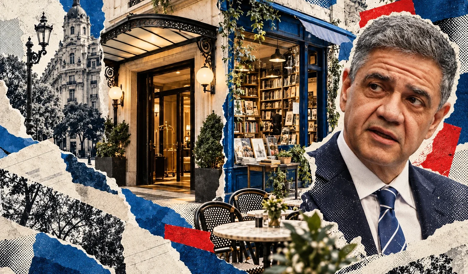 Collage editorial con retrato fotográfico de Jorge Macri, un hotel, una librería y un café de Buenos Aires; no documenta el anuncio en la FIT.