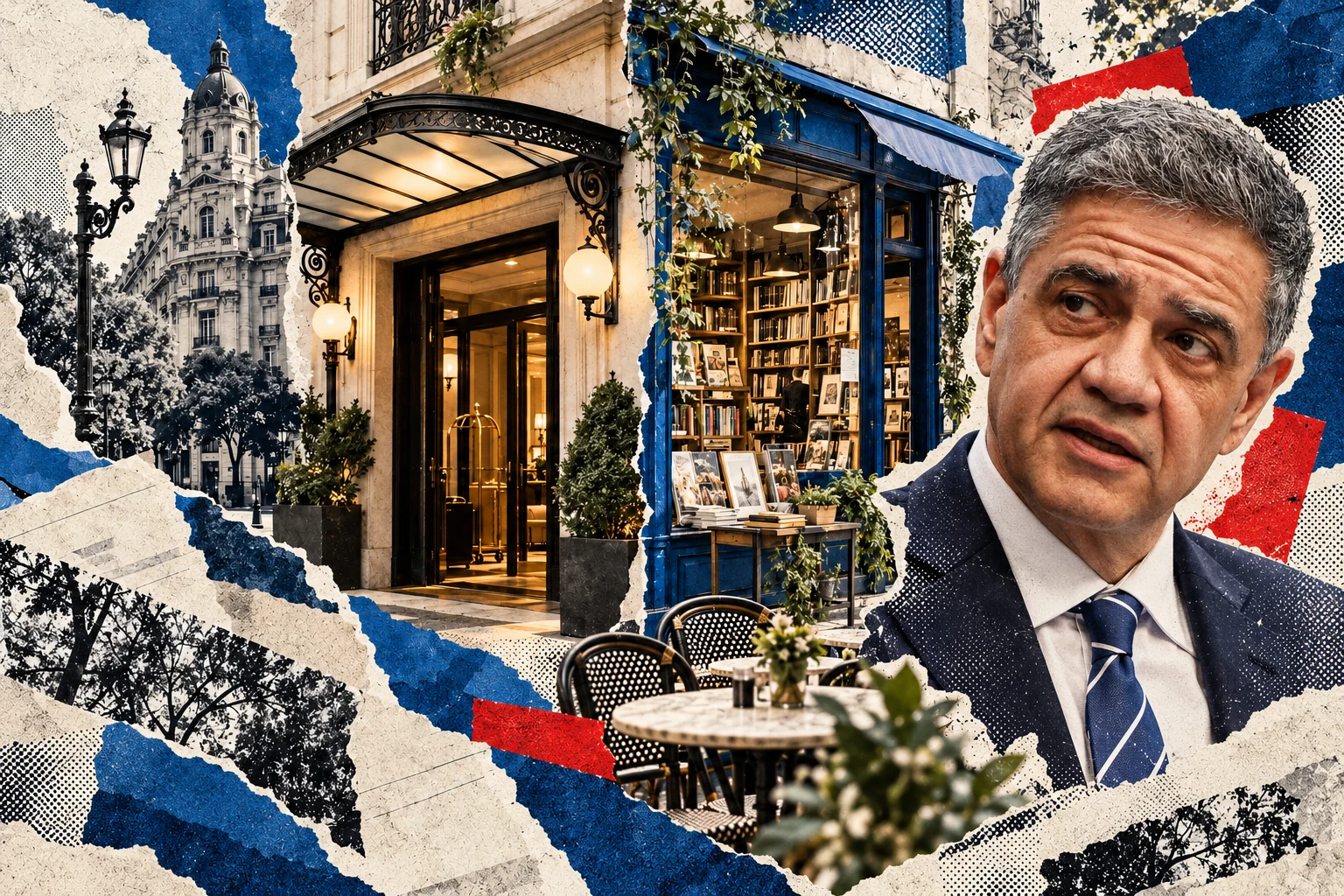 Collage editorial con retrato fotográfico de Jorge Macri, un hotel, una librería y un café de Buenos Aires; no documenta el anuncio en la FIT.