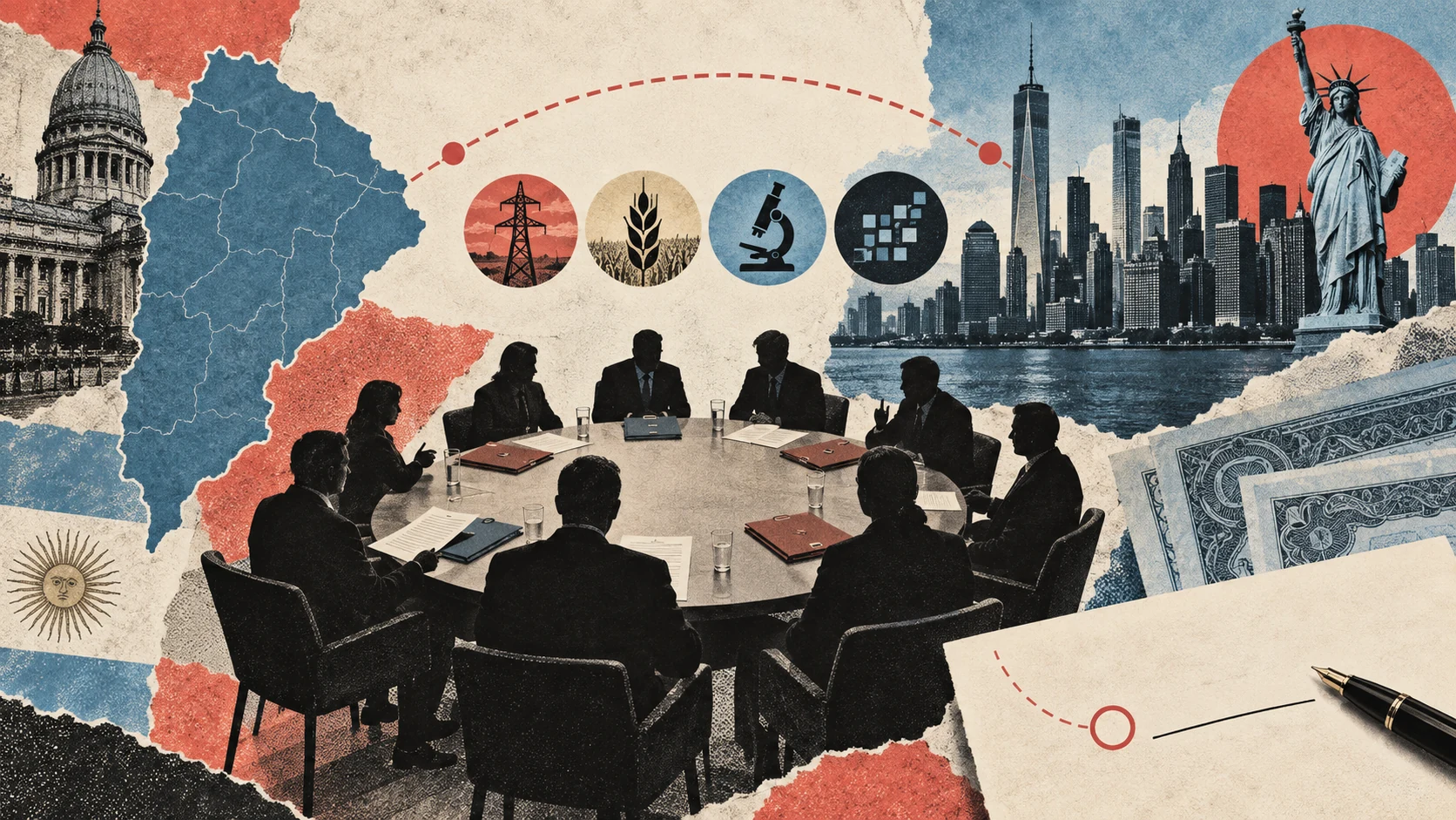 Collage contextual sobre la conexión entre la Provincia de Buenos Aires, fondos de inversión y sectores productivos en Nueva York.