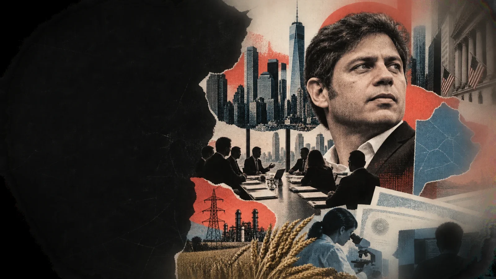 Collage editorial de Axel Kicillof, Nueva York, una mesa financiera y sectores productivos bonaerenses.