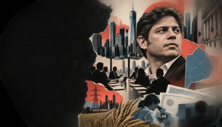 Collage editorial de Axel Kicillof, Nueva York, una mesa financiera y sectores productivos bonaerenses.