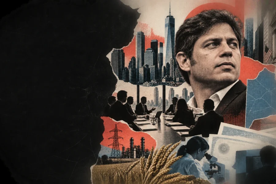 Collage editorial de Axel Kicillof, Nueva York, una mesa financiera y sectores productivos bonaerenses.