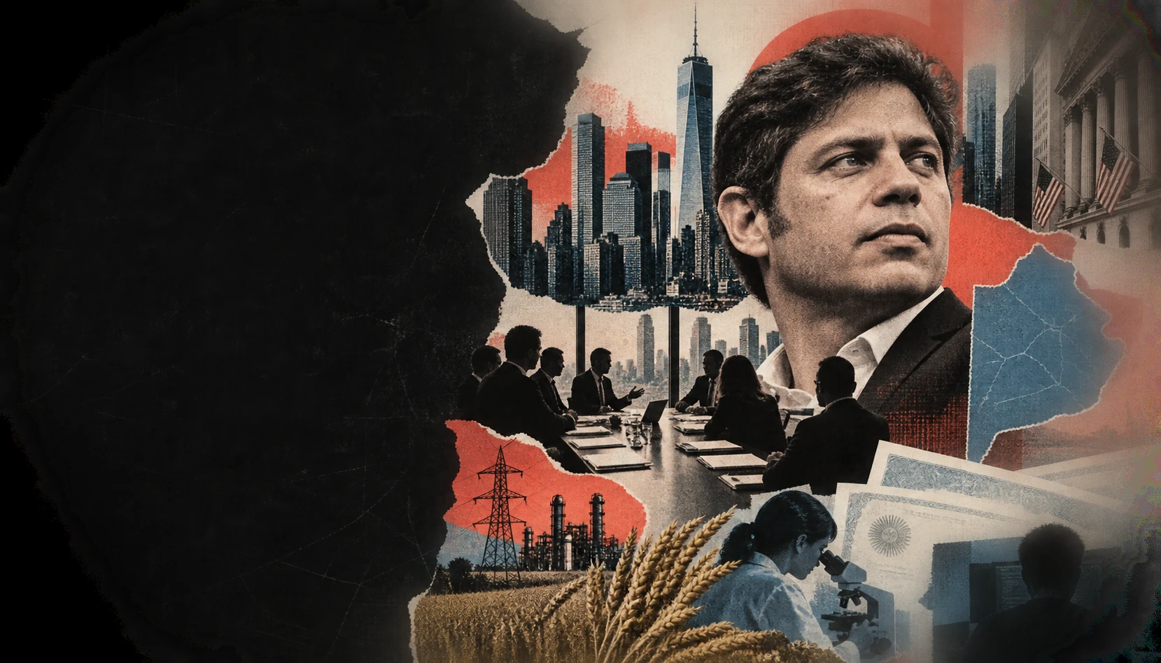 Collage editorial de Axel Kicillof, Nueva York, una mesa financiera y sectores productivos bonaerenses.